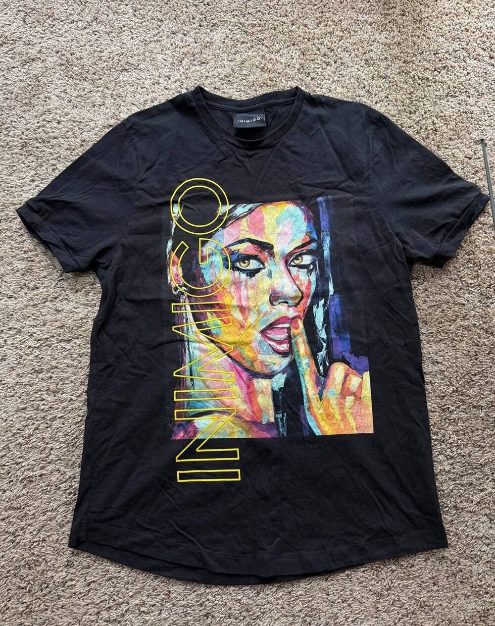 Inimigo black T shirt pop-art print featuring a girl in bright neon colors